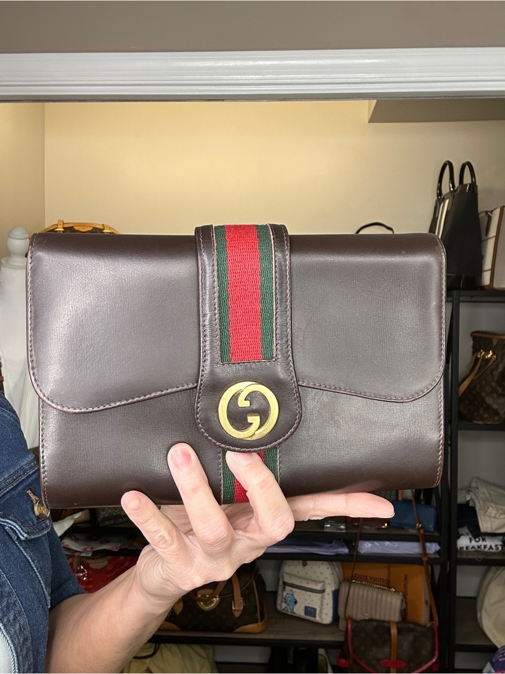 Vintage Gucci Sherry Line Brown Leather Clutch with COA, dust bag, & chain